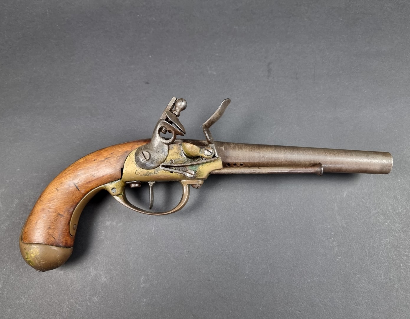 A rare Napoleonic French M-1777 cavalry pistol, with a 7.5in smooth bore barrel and brass action,