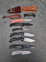 A Boker Plus folding knife, having 7cm blade; together with eight other folding knives. (9)