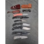 A Boker Plus folding knife, having 7cm blade; together with eight other folding knives. (9)