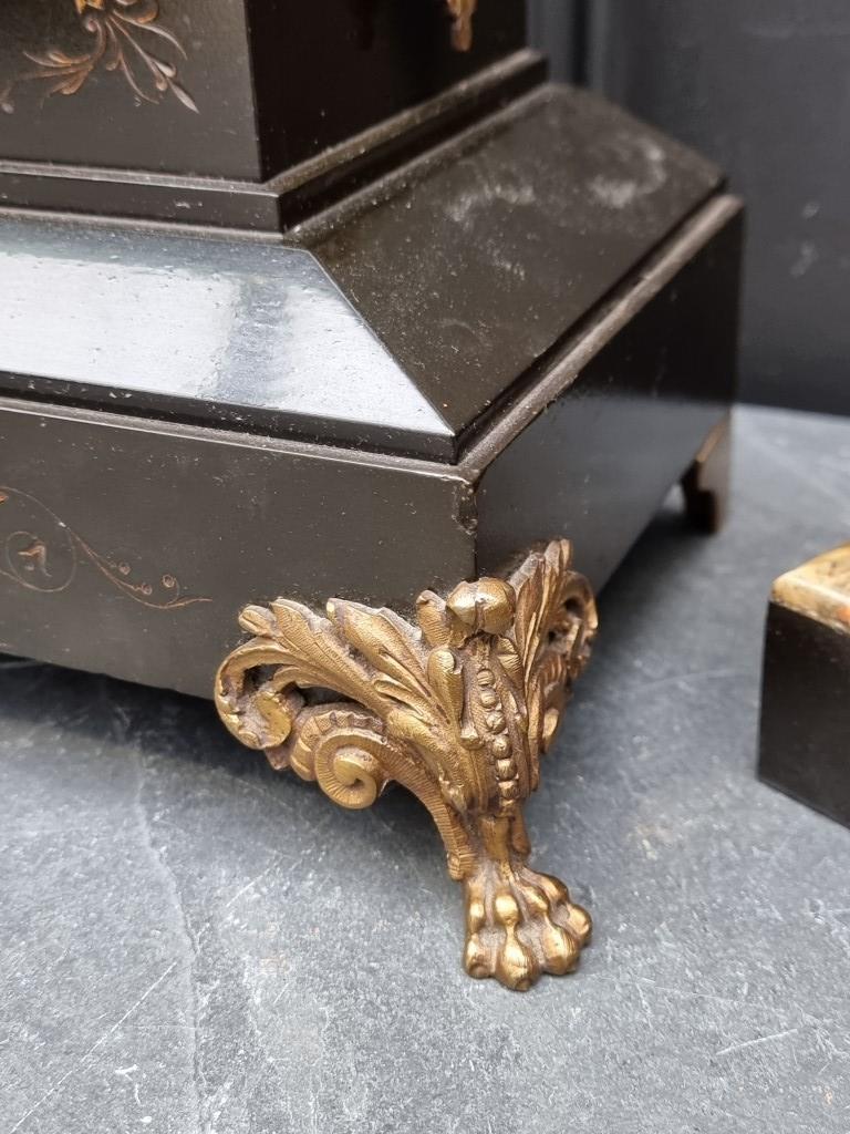 A late Victorian slate and brass mantel clock, 28.5cm high; together with a similar pair of side - Image 6 of 8