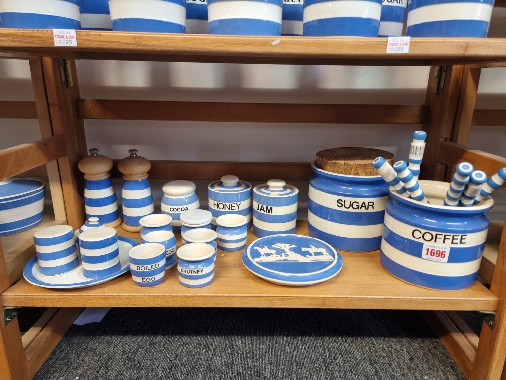 A collection of T G Green & Co Cornishware storage jars, cruets and similar, mostly modern.