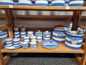 A collection of T G Green & Co Cornishware storage jars, cruets and similar, mostly modern.