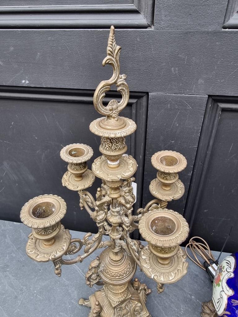 A brass four branched candelabrum; together with a pottery and brass table lamp. (2) - Image 5 of 7