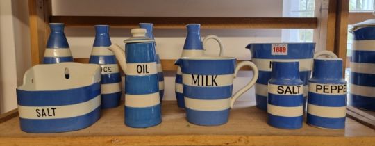 A collection of T G Green & Co Cornishware jugs, bottles and related, largest 19cm high. (10)
