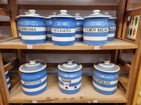 Ten modern T G Green & Co Cornishware storage jars and covers, largest 20cm high.