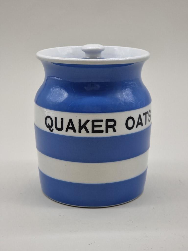 A rare T G Green & Co Cornishware 'Quaker Oats' storage jar and cover, black backstamp, 15cm high.