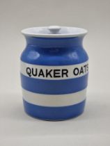 A rare T G Green & Co Cornishware 'Quaker Oats' storage jar and cover, black backstamp, 15cm high.