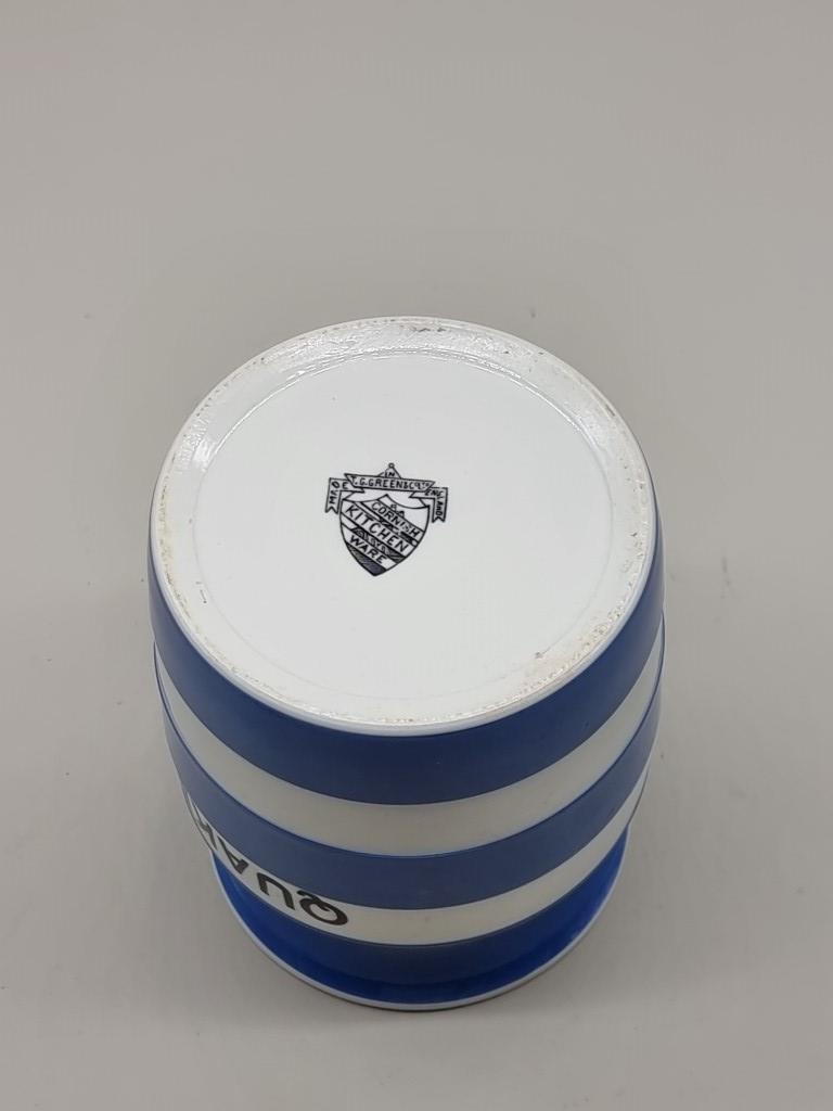 A rare T G Green & Co Cornishware 'Quaker Oats' storage jar and cover, black backstamp, 15cm high. - Image 3 of 3