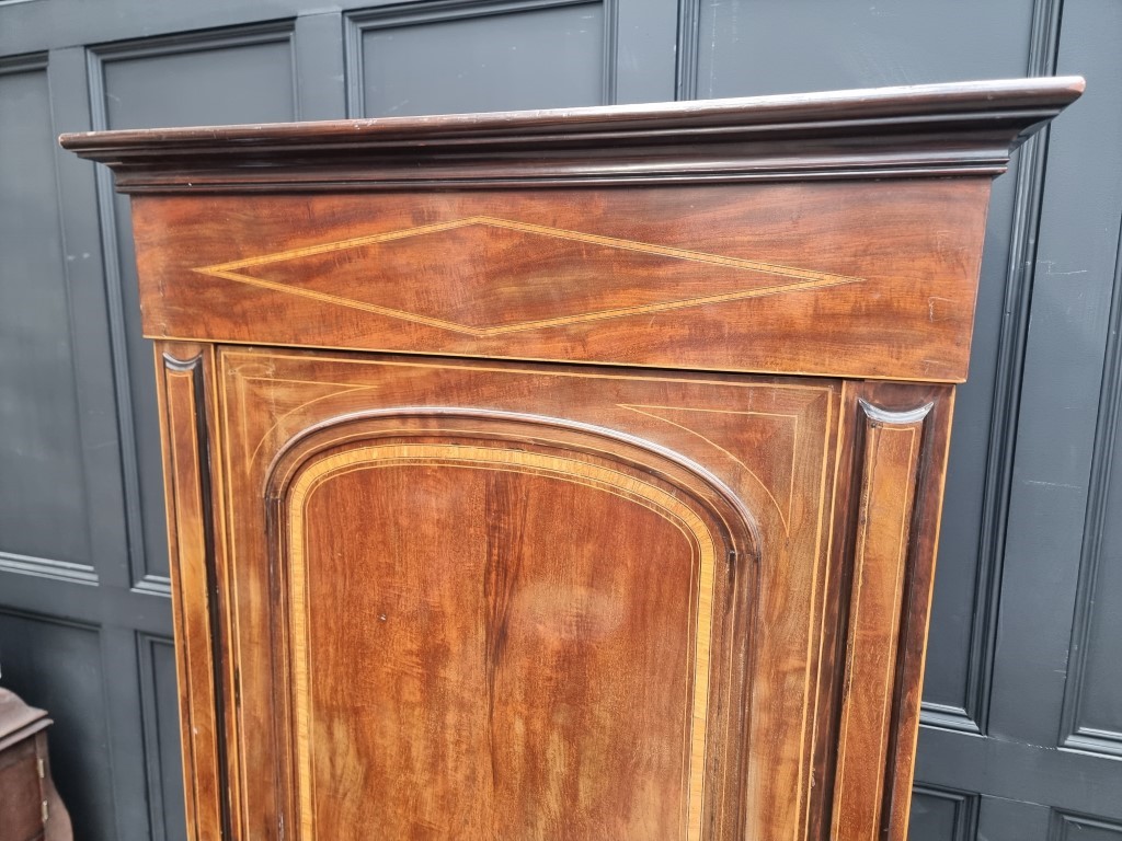 A late Victorian mahogany crossbanded and line inlaid single wardrobe, 91cm wide. - Image 2 of 5