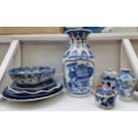 A collection of Japanese blue and white ceramics, largest 36cm high. (9)