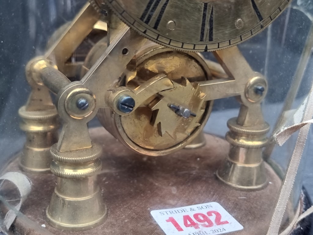 A Victorian brass skeleton fusee timepiece, with pendulum, total height 34.5cm, (glass dome - Image 4 of 7