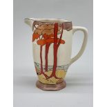 A Clarice Cliff 'Coral Firs' pattern Athens jug, shape 42, 15cm high.