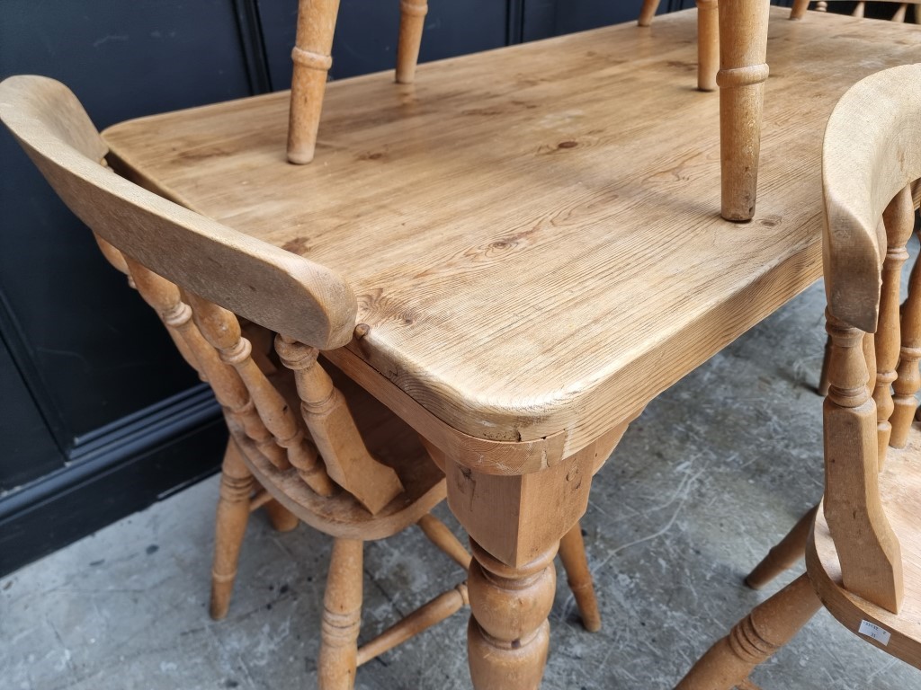 A pine kitchen table and six chairs, the table 152cm long. - Image 4 of 5