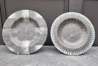 Studio Pottery: two unmarked dishes, 30cm diameter.
