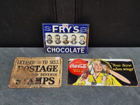 A 'Fry's Chocolate' enamel sign, 19 x 26cm; together with another 'Postage Stamps' sign; and a '