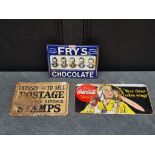 A 'Fry's Chocolate' enamel sign, 19 x 26cm; together with another 'Postage Stamps' sign; and a '