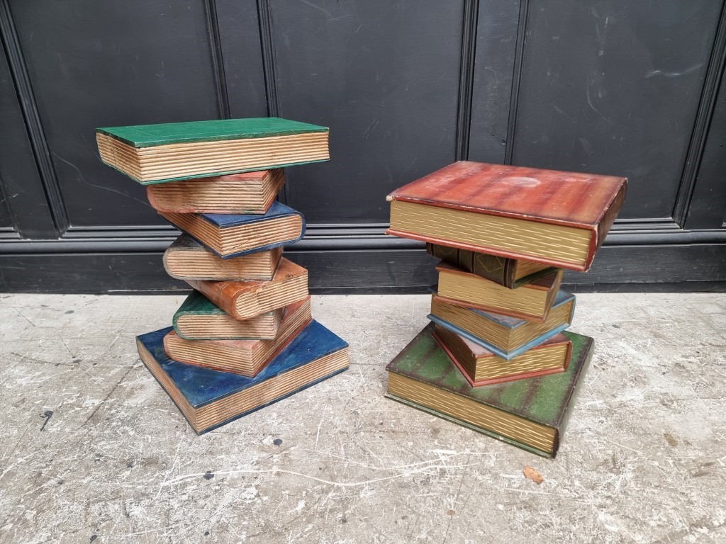 Two similar novelty 'book stand' occasional tables, largest 51cm high. (2)