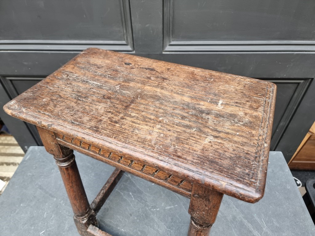 A 17th century carved oak joint stool, 49cm wide. - Image 2 of 4