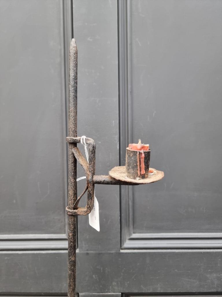 An antique wrought iron tripod candle stick, 85cm high. - Image 3 of 3