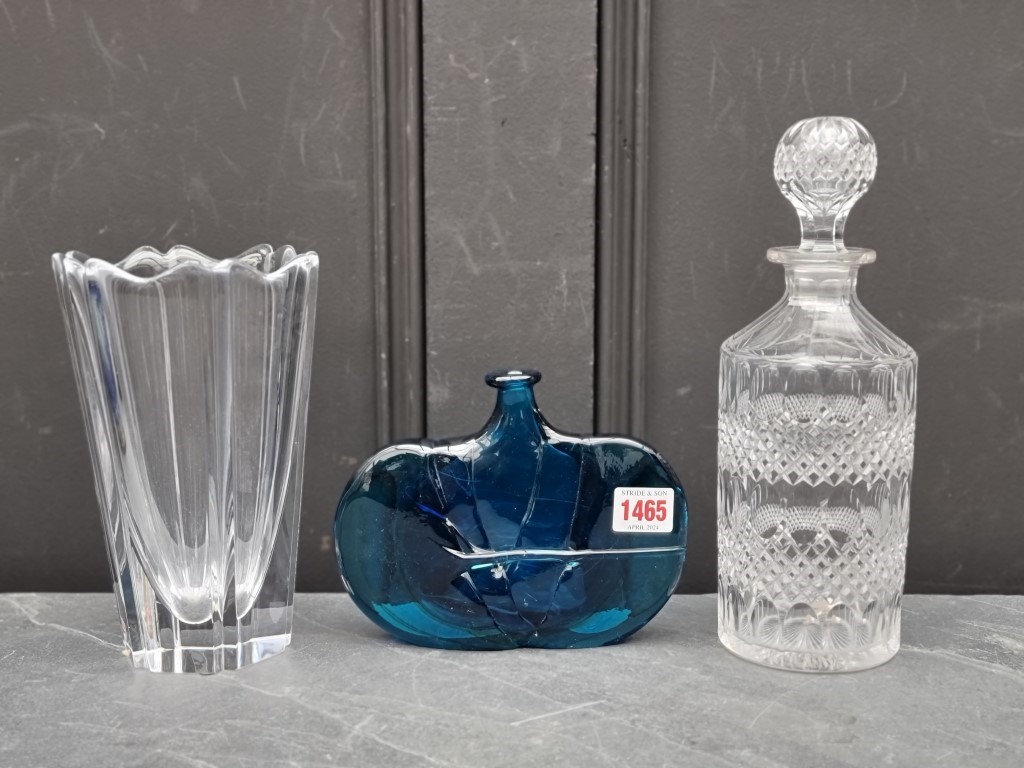 A Mdina blue glass vase, 14cm high; together with an Orrefors clear glass vase, 20cm high; and an