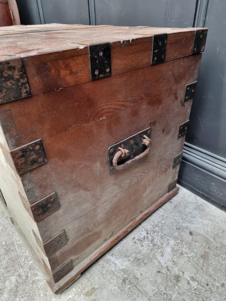 A large antique oak and metal bound silver strong box, 64cm high x 86cm wide x 60cm deep. - Image 4 of 5