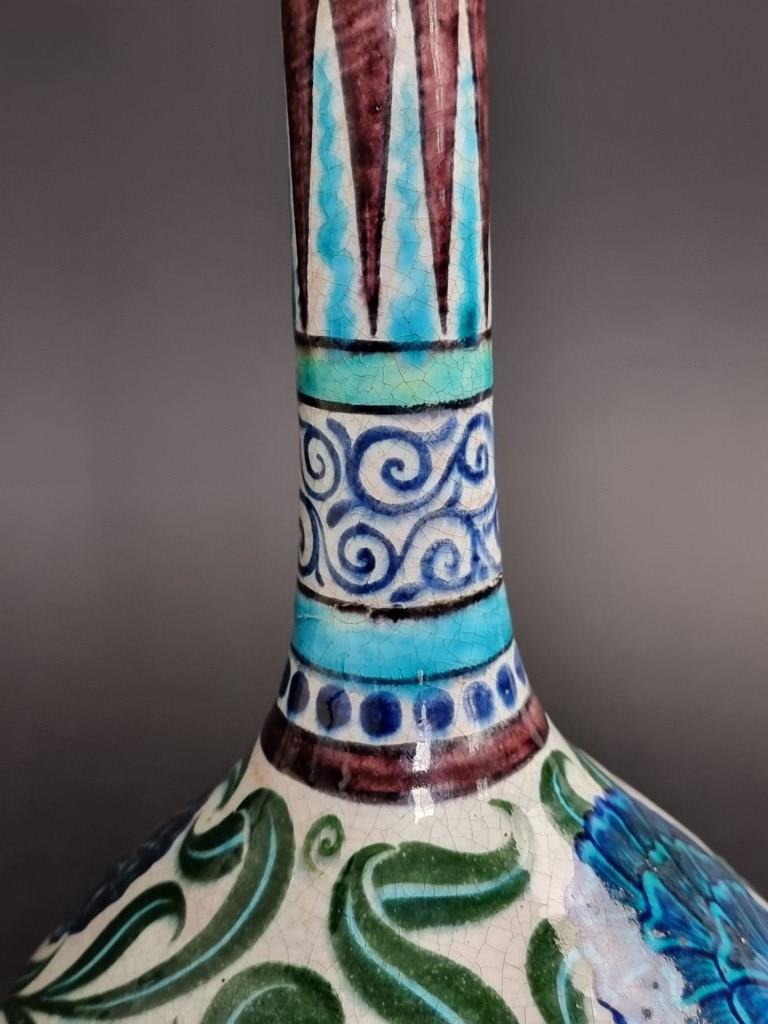 A William de Morgan pottery bottle vase, painted with Persian style flowers, 32cm high. - Image 2 of 8