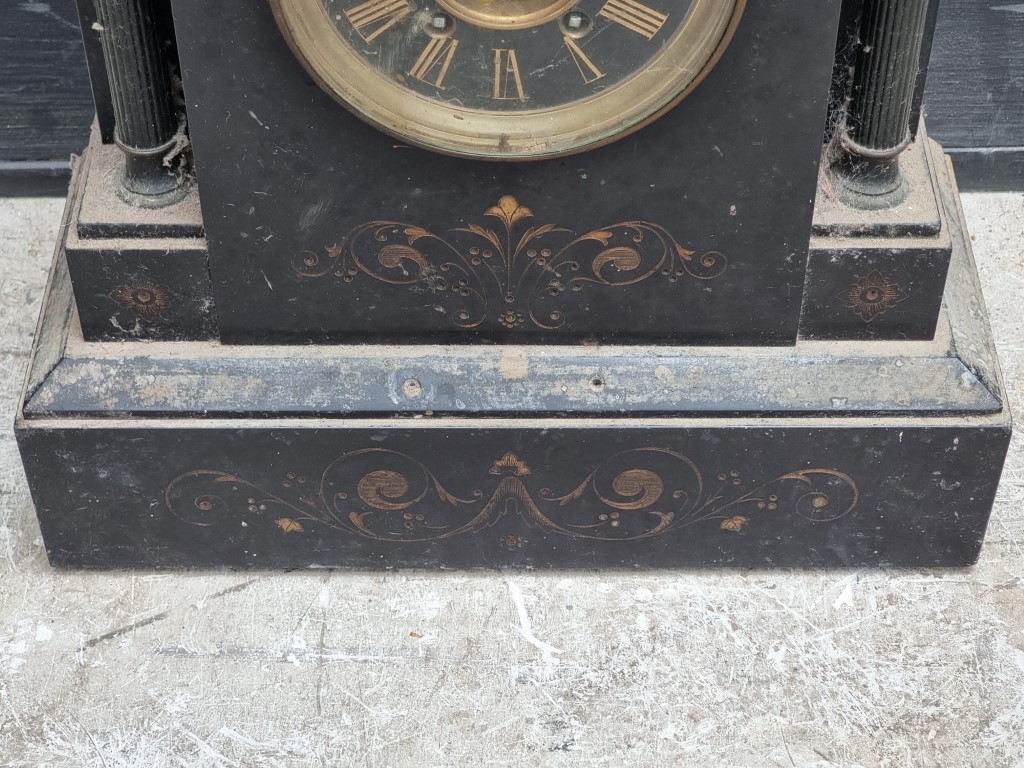 A late 19th century slate mantel clock, 40cm high, (lacking pendulum). - Image 3 of 4