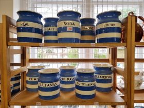 Ten T G Green & Co Cornishware storage jars and covers, largest 18.5cm high, (s.d.).