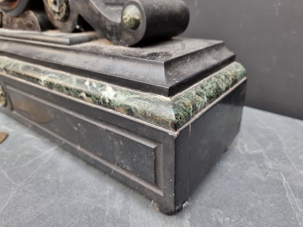 A large late 19th century slate and marble mantel clock, 64cm wide. - Image 4 of 7