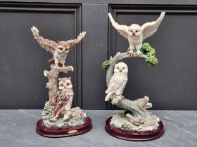 Two resin figure groups of owls, largest 36cm high. (2)