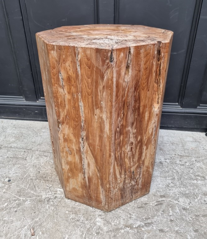 A large octagonal tree trunk pedestal, probably cedar, 76.5cm high x 55cm wide.