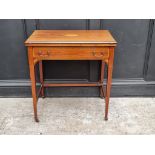 An Edwardian mahogany and inlaid writing desk, with foldover top, 69cm wide.