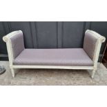 An antique French grey painted and upholstered banquette, stamped 'Meunier', 160cm wide.