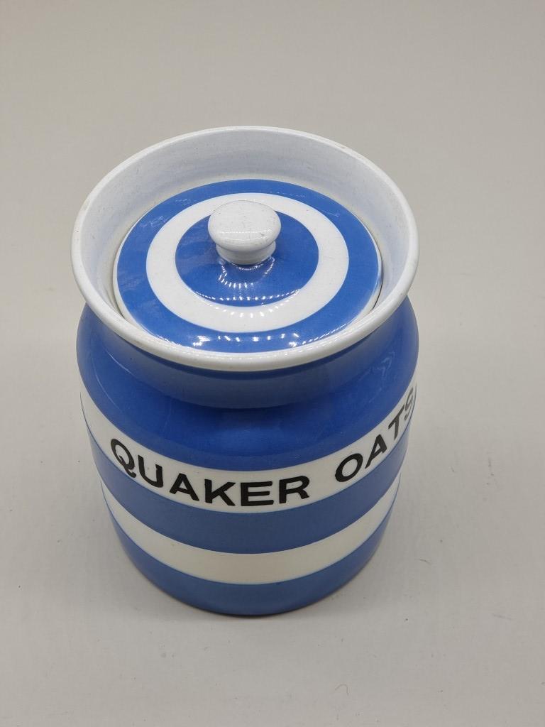 A rare T G Green & Co Cornishware 'Quaker Oats' storage jar and cover, black backstamp, 15cm high. - Image 2 of 3