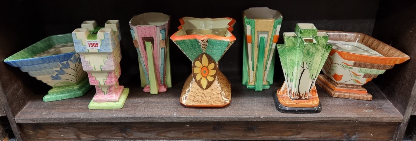 Seven Myott, Son & Co Art Deco pottery vases, largest 21.5cm high.