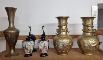 A mixed group of Oriental items, to include a pair of Chinese brass vases, 24cm high; together