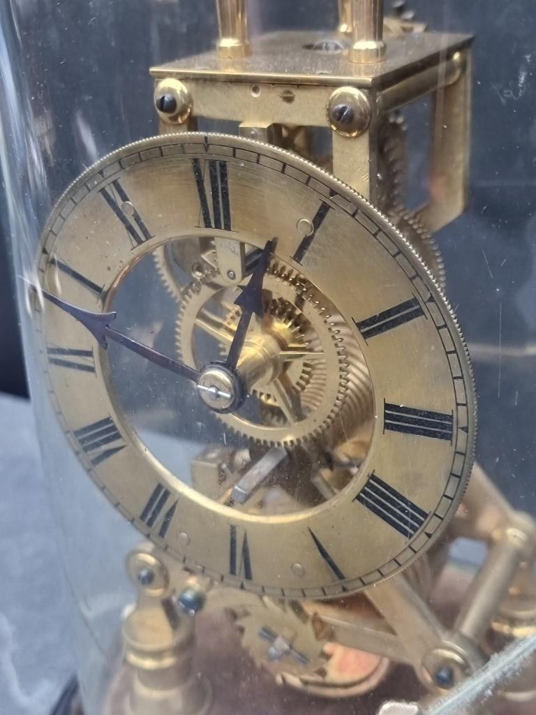 A Victorian brass skeleton fusee timepiece, with pendulum, total height 34.5cm, (glass dome - Image 2 of 7