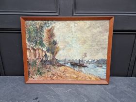 Follower of Alfred Sisley, a river scene, oil on board, 44.5 x 59.5cm.