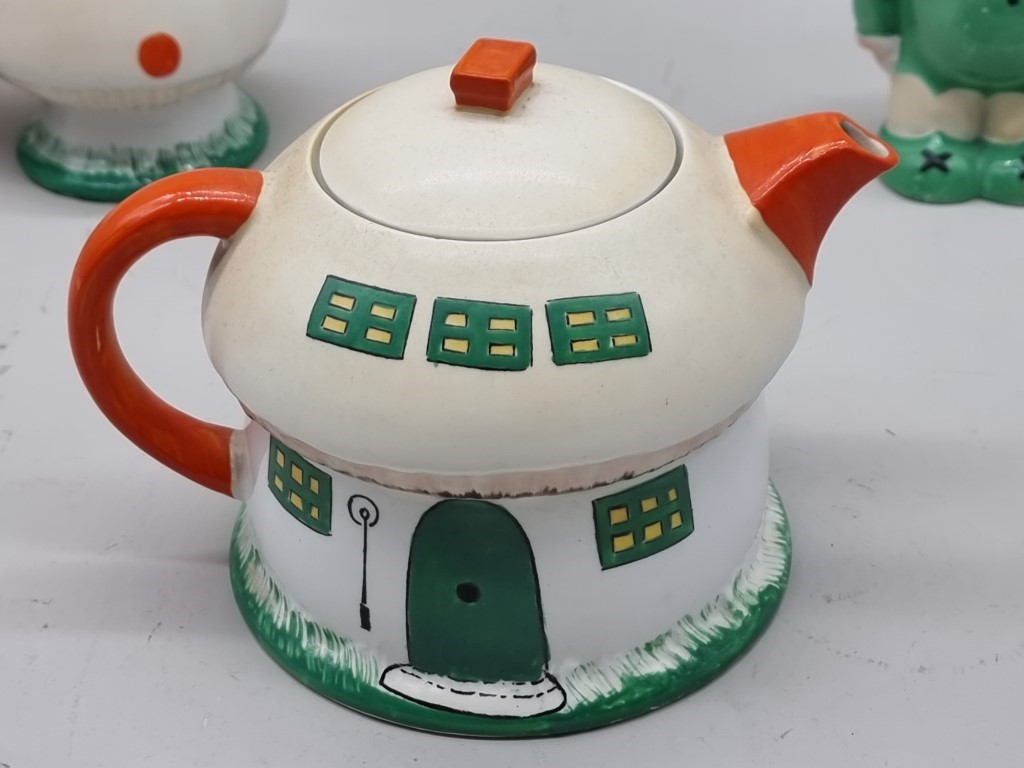 A Shelley 'Mabel Lucie Attwell' tea set, comprising: a teapot & cover; figural milk jug; and two - Image 7 of 7