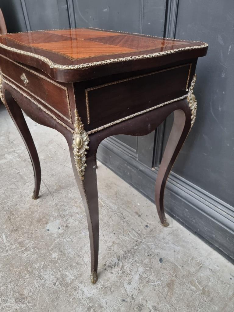 A Louis XV style, mahogany and brass occasional table, the hinged top with mirrored panel, 58cm - Image 4 of 5