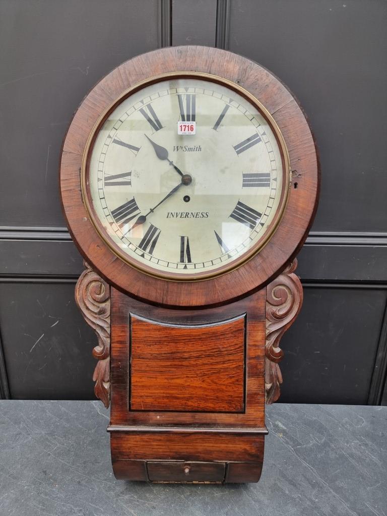 A large 19th century Scottish drop dial fusee wall timepiece, the 14in painted dial inscribed 'Wm