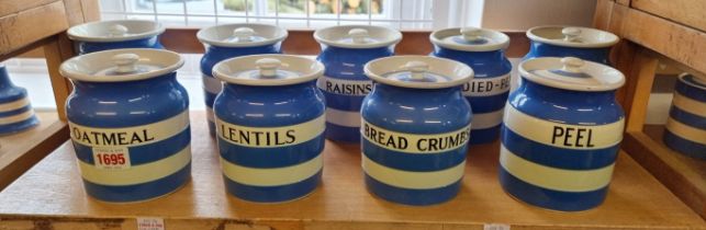 Eighteen T G Green & Co Cornishware storage jars and covers, each approx 12.5cm high, (s.d.).