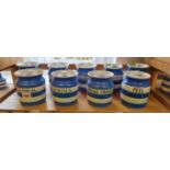 Eighteen T G Green & Co Cornishware storage jars and covers, each approx 12.5cm high, (s.d.).