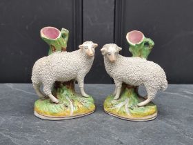 A pair of Victorian Staffordshire pottery sheep, 18cm high.