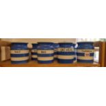 Eight T G Green & Co Cornishware storage jars and covers, largest 15cm high, (s.d. to some).