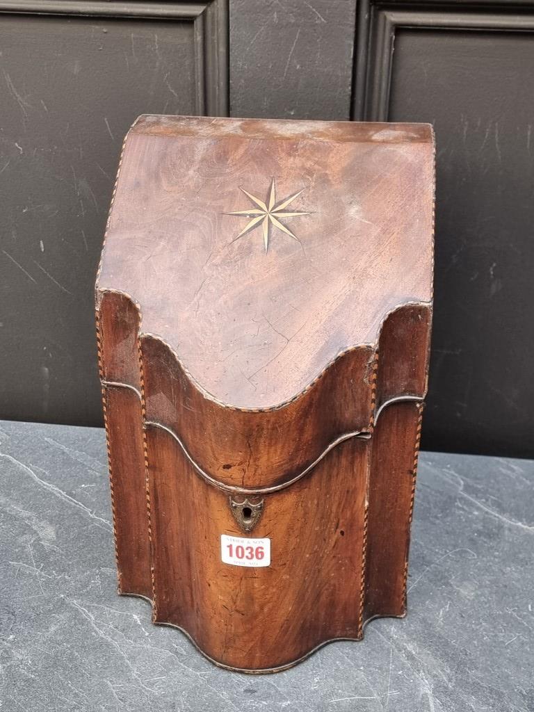 A George III mahogany and inlaid knife box, 21cm wide, (interior converted).