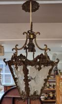 A brass and etched glass ceiling lantern, 32cm high.