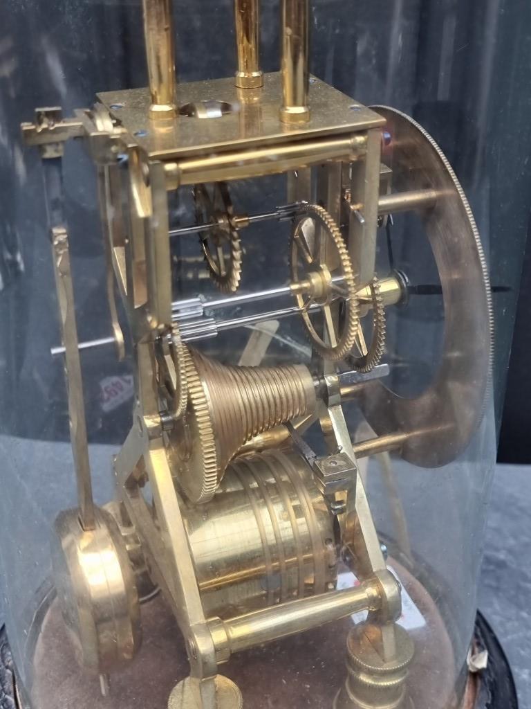 A Victorian brass skeleton fusee timepiece, with pendulum, total height 34.5cm, (glass dome - Image 5 of 7