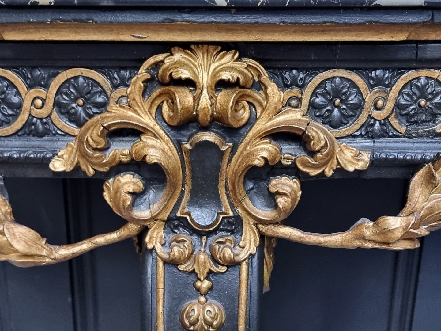 A neo-classical style ebonized, parcel gilt and marble top console table, 78.5cm wide. - Image 3 of 5
