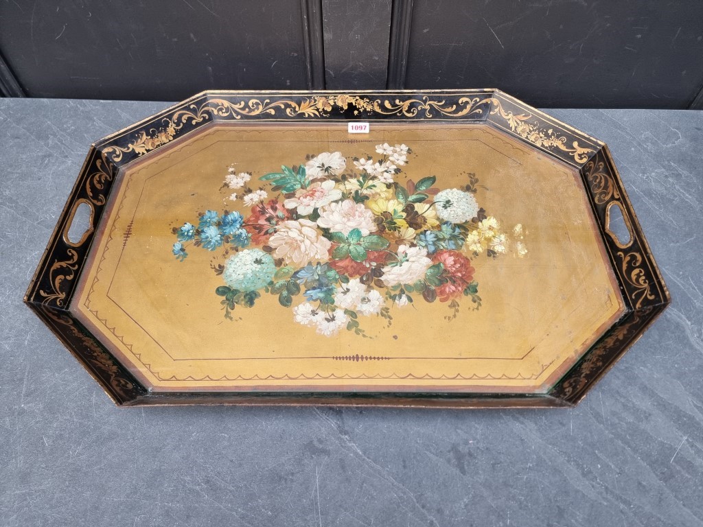 A 19th century toleware tray, 70cm wide.